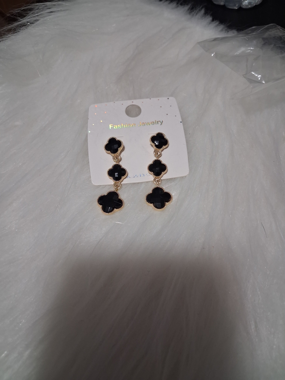 Fashion Jewelry Black Clover Dangle Earrings with Gold Trim